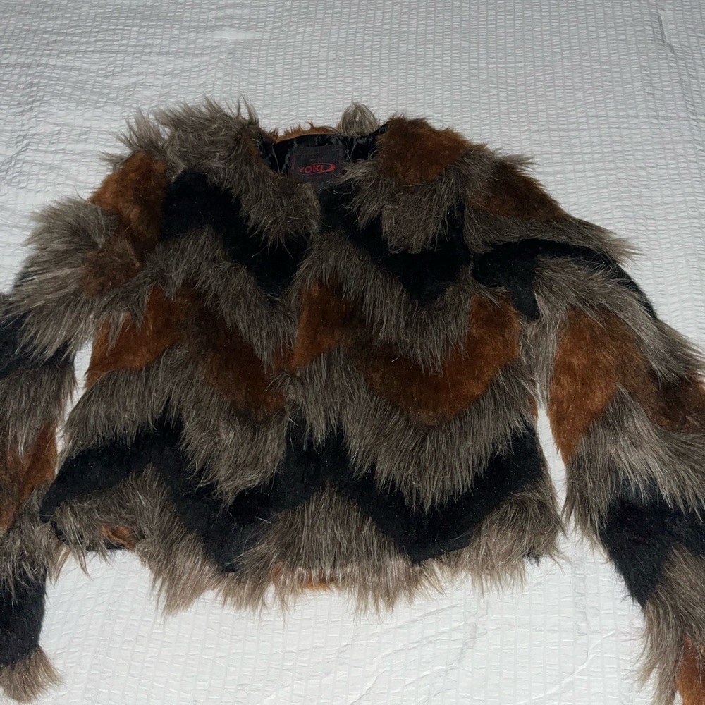 Yoki New York Faux Fur Jacket. Size Medium. Brown, black and rust colored.